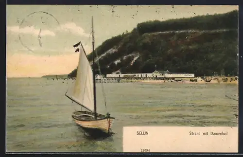 AK Sellin, Strand mit Damenbad und Segelboot