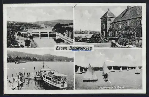 AK Essen /Baldeneysee, Stauwerk, Haus Scheppen, Ausflugsboot, Segelboote in Fahrt