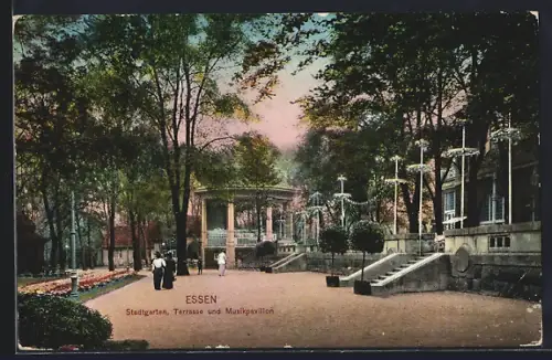 AK Essen, Stadtgarten, Terrasse und Musikpavillon