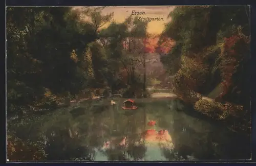 AK Essen, Stadtgarten, Teich mit Boot