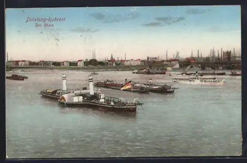 AK Duisburg-Ruhrort, Der Rhein, Schiffe