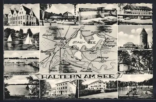 AK Haltern am See, Hotel Seehof, Hotel Seestern mit Klause Wildente, Inh. W. Ridder, Landkarte
