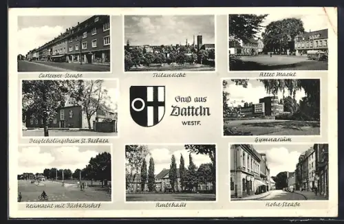 AK Datteln /Westf., Castroper-Strasse, Gymnasium, Alter Markt und Hohe-Strasse