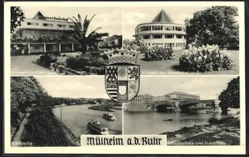 AK Mülheim a.d. Ruhr, Anlagen am Wasserbahnhof, Ruhrpartie, Schlossbrücke und Stadthalle