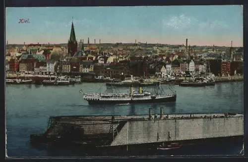 AK Kiel, Hafen, Dampfschiff, Stadtpanorama