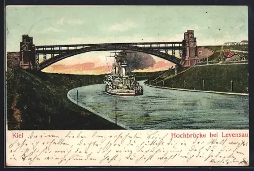 AK Kiel, Hochbrücke bei Levensau, Schiff auf dem Kanal