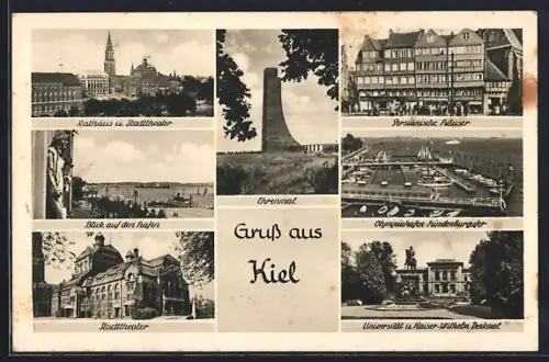 AK Kiel, Rathaus, Stadttheater, Ehrenmal, Olympiahafen, Universität