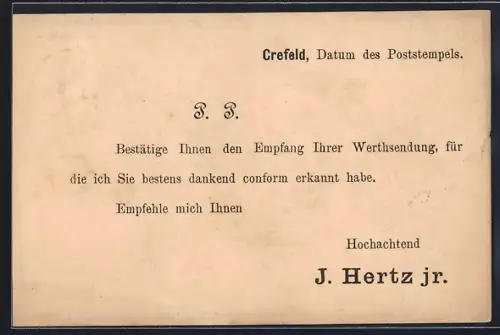 AK Crefeld, Empfangsbestätigung Wertsendung J. Hertz jr.