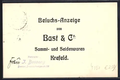 AK Krefeld, Besuchsanzeige Bast & Co., Sammt- und Seidenwaren