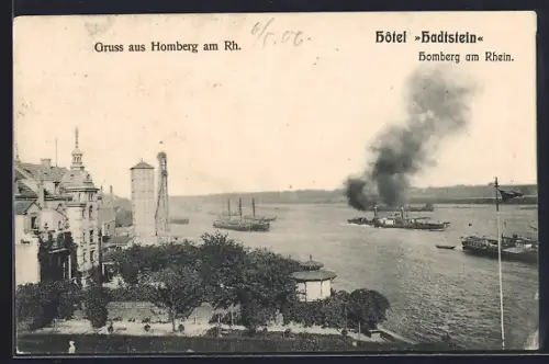 AK Homberg am Rh., Hotel Hadtstein, Rheinansicht mit Dampfschiffen
