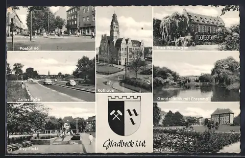 AK Gladbeck i. W., Rathaus, Haus Wittringen, Gondelteich mit Ehrenmal