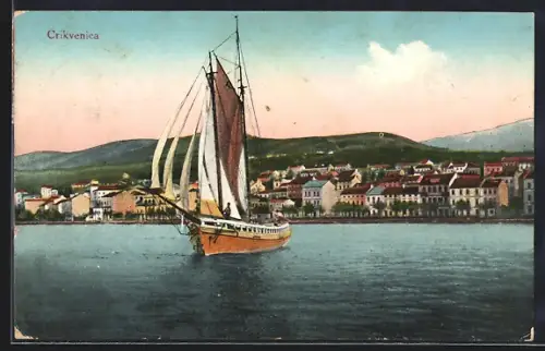 AK Cirkvenica, Wasserpartie mit Blick auf die Ortschaft, Boote