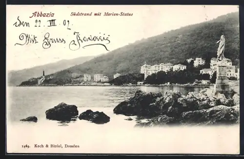 AK Abbazia, Südstrand mit Marien-Statue