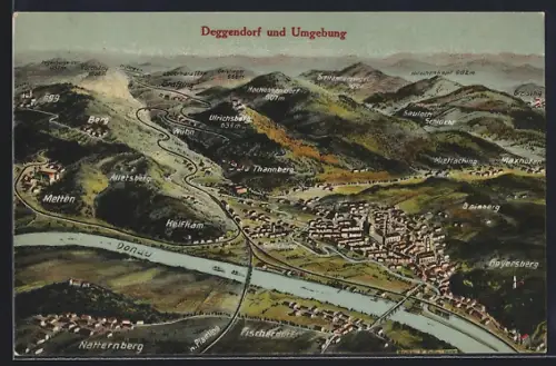 Künstler-AK Eugen Felle: Deggendorf, Ortschaft mit Donau und Umgebung