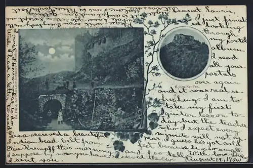 Mondschein-AK Neuffen, Friedrichs-Bastion mit Allerwinden-Turm, Hohen Neuffen