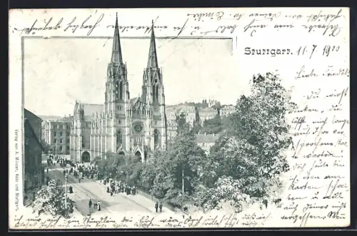 AK Stuttgart, Strassenpartie mit Kirche