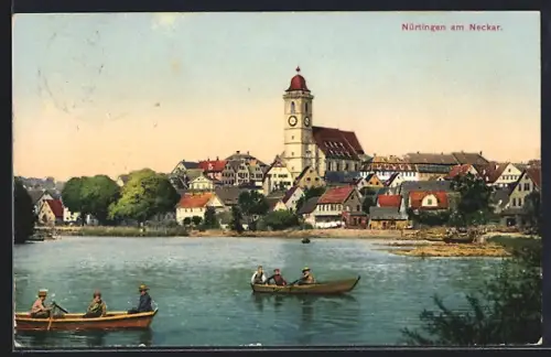 AK Nürtingen, Bootspartie auf dem Neckar mit Blick nach der Kirche