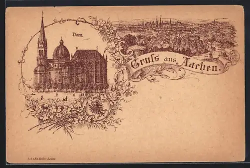 Lithographie Aachen, Dom und Gesamtansicht mit Spruchband, Wappen und Blumenkranz als Rahmen