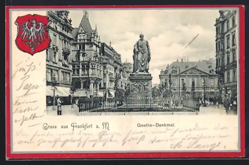 AK Frankfurt a. M., Blick auf das Goethe-Denkmal, Wappen mit Adler