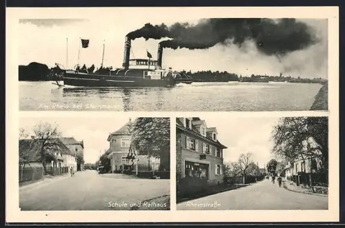 AK Steinmauern, Schule und Rathaus, Rheinstrasse, Rhein mit Schiff