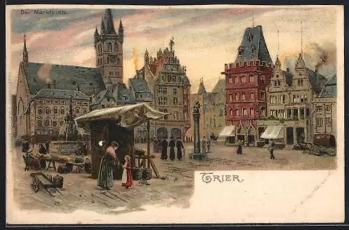 Lithographie Trier, Marktplatz mit Ständen, Brunnen und Denkmal
