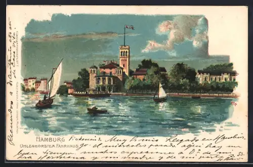 Lithographie Hamburg-Uhlenhorst, Gasthaus Uhlenhorster Fährhaus
