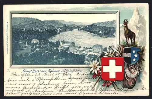 Passepartout-Lithographie Rheinfelden, Grand Hotel des Salines, Edelweiss, Gemse