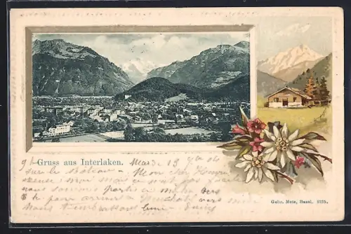 Lithographie Interlaken, Panorama mit Bergen, Bauernhaus, Edelweiss, Passepartout