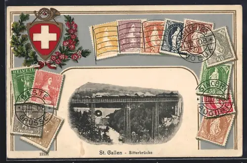AK St. Gallen, Sitterbrücke, Briefmarken und Wappen, Passepartout