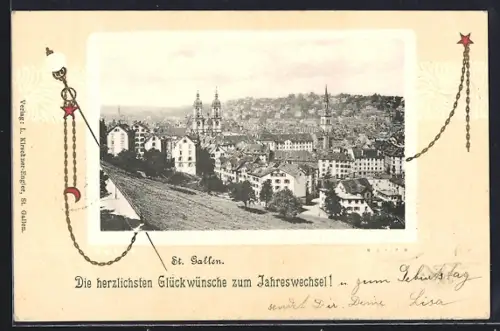 Lithographie St. Gallen, Panorama mit Kirche, Neujahrsgruss, Passepartout