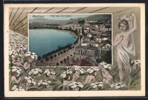 AK Montreux, Fête des Narcisses, Panorama, Frau und Blumenkinder, Passepartout