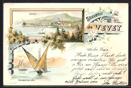 Lithographie Vevey, Ortsansicht, Barque du Lac