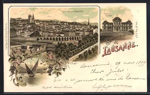 Lithographie Lausanne, Panorama et le Grand Pont, Tribunal Féderal