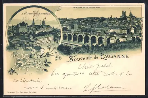 Lithographie Lausanne, Le Château et la Cathédrale, Le Grand Pont