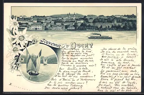 Lithographie Ouchy, Panorama mit Dampfer, Segelboote