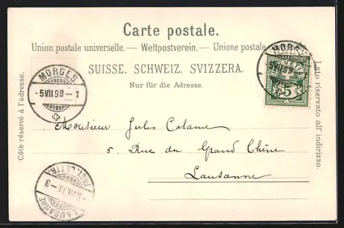 Lithographie Ouchy, Panorama mit Dampfer, Segelboote