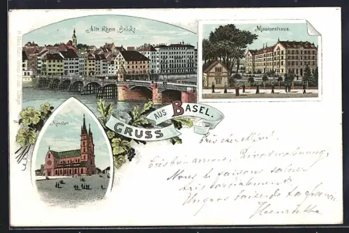 Lithographie Basel, Alte Rhein Brücke, Missionshaus, Münster