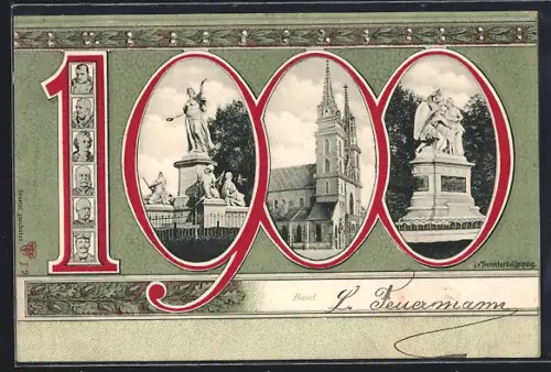 Lithographie Basel, Kirche, Denkmal und Napoleon in Jahreszahl 1900, Passepartout