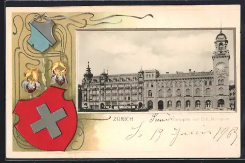 Lithographie Zürich, Hauptpost und Cafe Metropole, Wappen