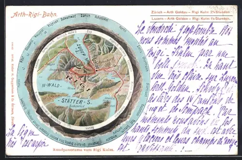 Lithographie Luzern, Arth-Rigi-Bahn, Rundpanorama mit Zug, Rossberg und Hochfluh, Glärnisch, Pilatus und Vogesen