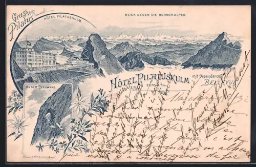 Lithographie Pilatuskulm, Hotel Pilatuskulm, Blick gegen die Berner Alpen mit Depandance, An der Eselwand