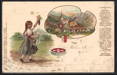 Lithographie Viège, Panorama, Mädchen mit Beeren, Pillen von Richard Brandt, Reklame