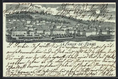 Mondschein-Lithographie La Chaux-de-Fonds, Panorama mit Bäumen