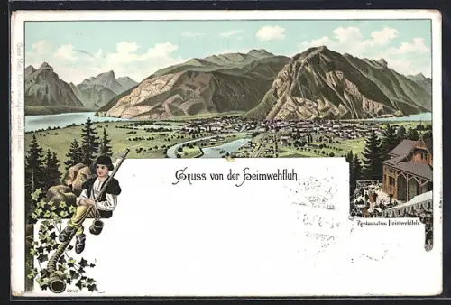Lithographie Interlaken, Restaurant Heimwehfluh, Ortschaft mit Gewässer und Berge, Junge mit Alphorn