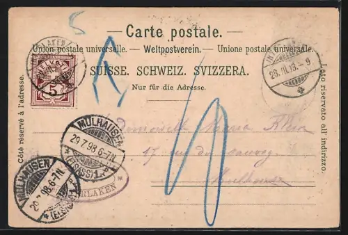 Lithographie Interlaken, Restaurant Heimwehfluh, Ortschaft mit Gewässer und Berge, Junge mit Alphorn