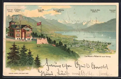 Lithographie Le Mont-Pelerin, Hotel, Blick auf den Ort am See um 1900