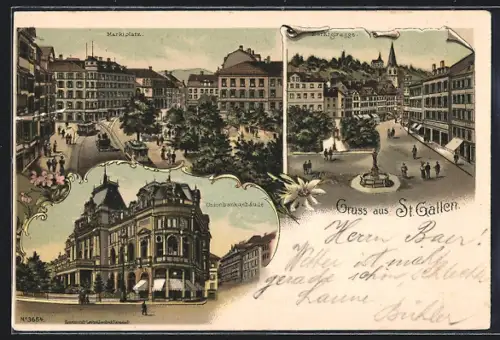 Lithographie St. Gallen, Unionbankgebäude, Marktplatz mit Strassenbahn, Marktgasse