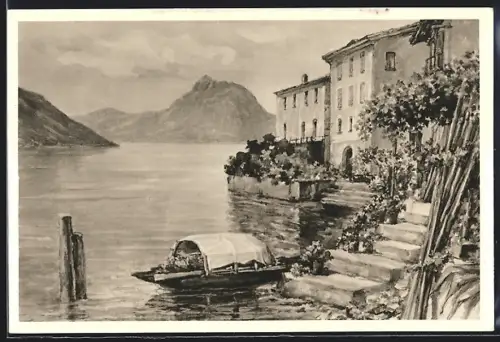 Künstler-AK Gandria /Lago di Lugano, Panorama e Monte S. Salvatore