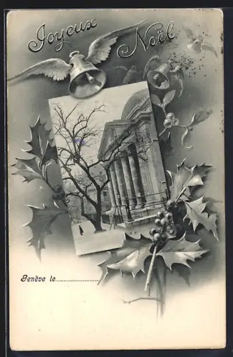 AK Genève, Facade de la Cathédrale de Saint-Pierre, Glocke mit Flügeln, Weihnachtsgruss