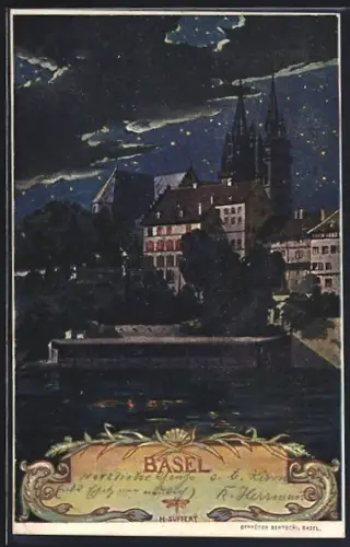 Künstler-AK Basel, Nächtlicher Blick vom Rhein zur Münsterkirche